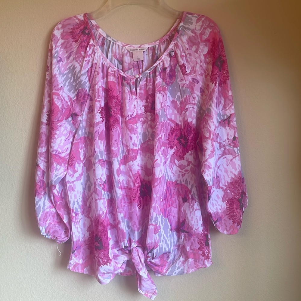Allison Daley Women’s blouse size L large floral tie front elastic sleeve top